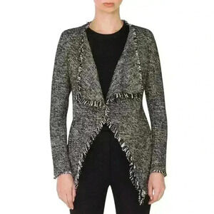 NWT AKRIS Punto Black & White Tweed Fringed Waterfall Front Open Jacket 6 $1490